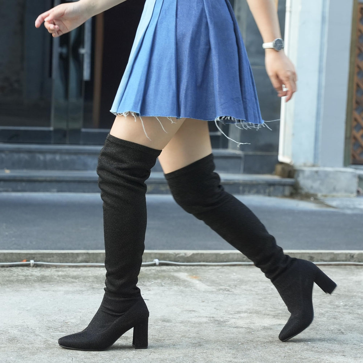 Women's Comfort Thigh High Boots Sexy Pointy-toe and High-heel Party Wedding Chunky Boots Shiny Dressy Over The Knee