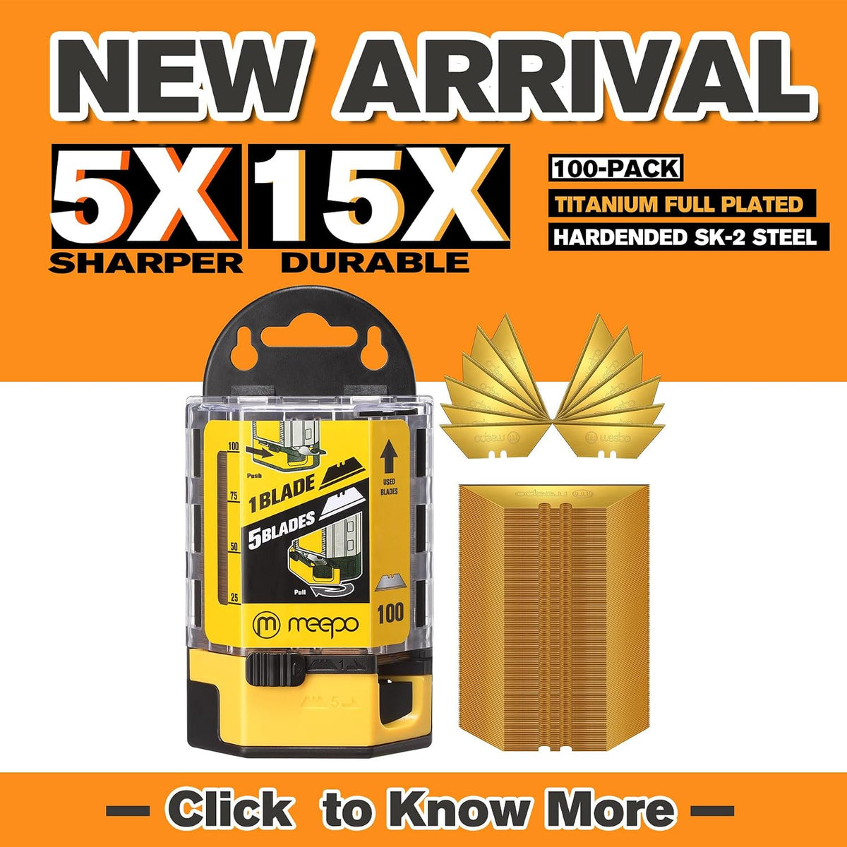 Utility Knife Blades, Never Rust, Blackened SK-2 Steel, 100-Pack