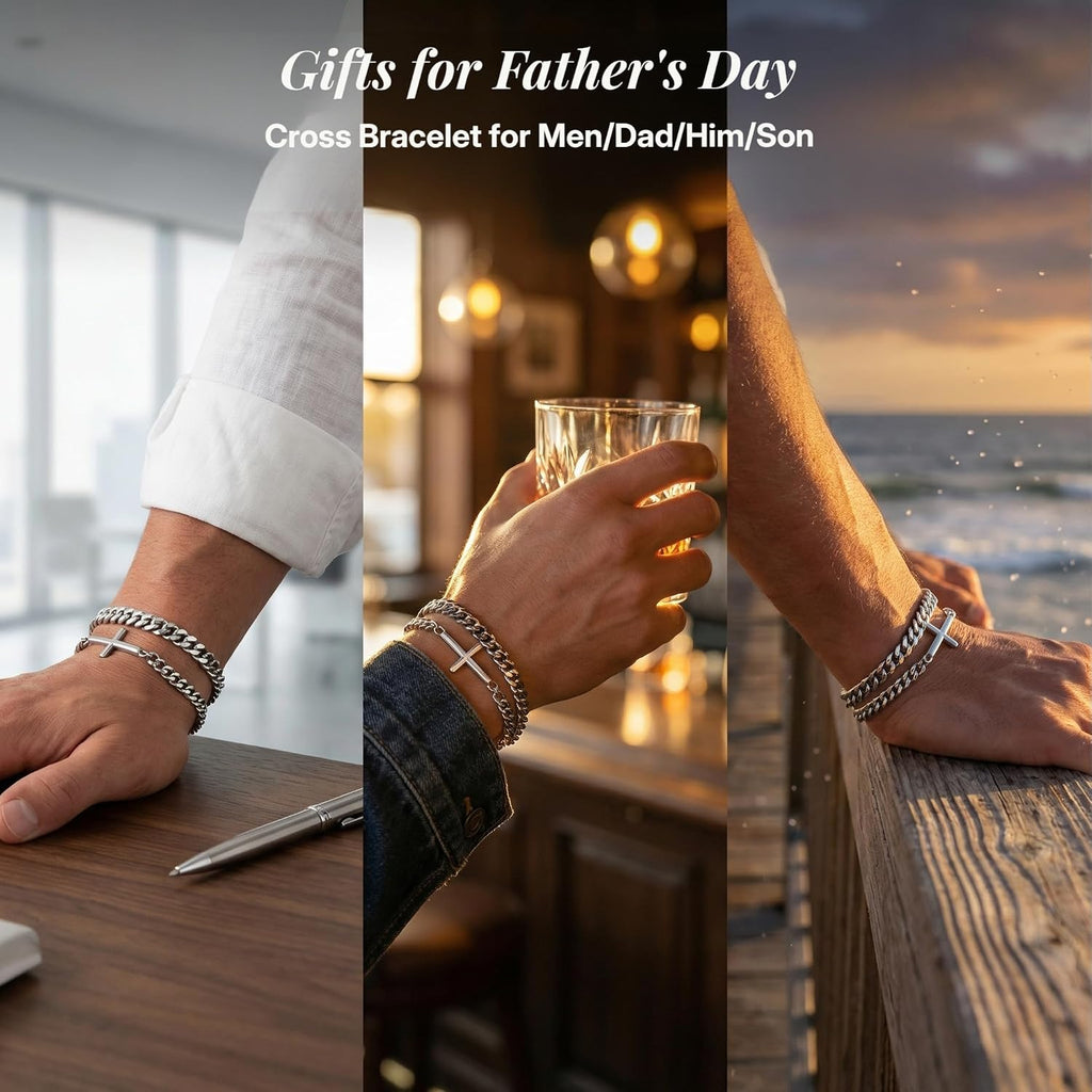 Cross Bracelet for Men, Silver/Gold/Black Mens Cross Bracelets Stack Stainless Steel Cuban Link Chain Bracelet Set