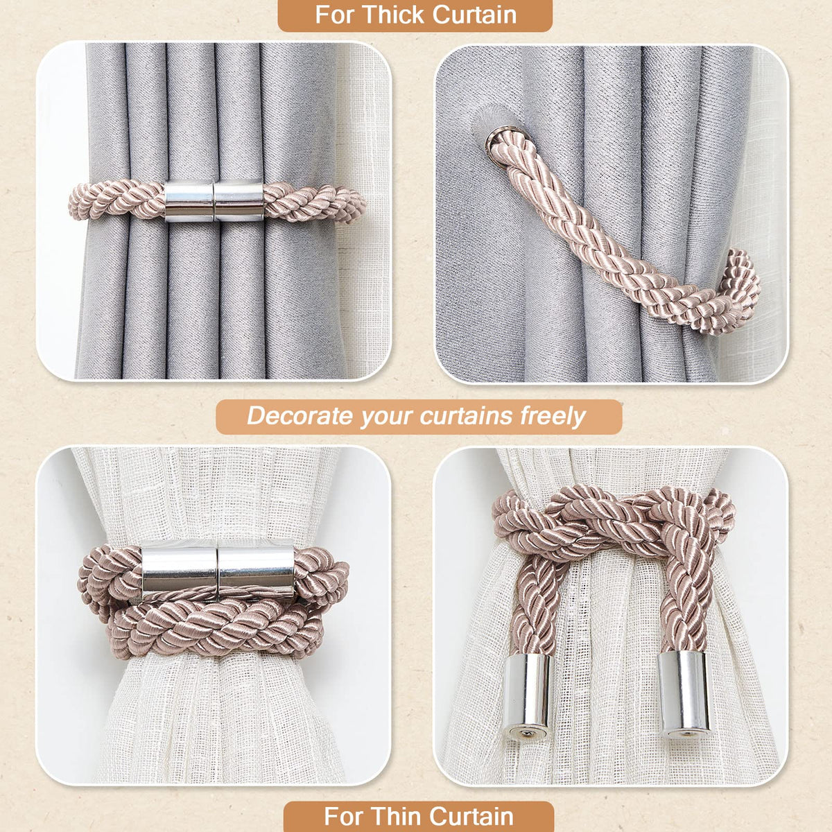 2 Pack Strong Magnetic Curtain Tiebacks Modern Simple Style Drape Tie Backs Convenient Decorative Weave Rope Curtain