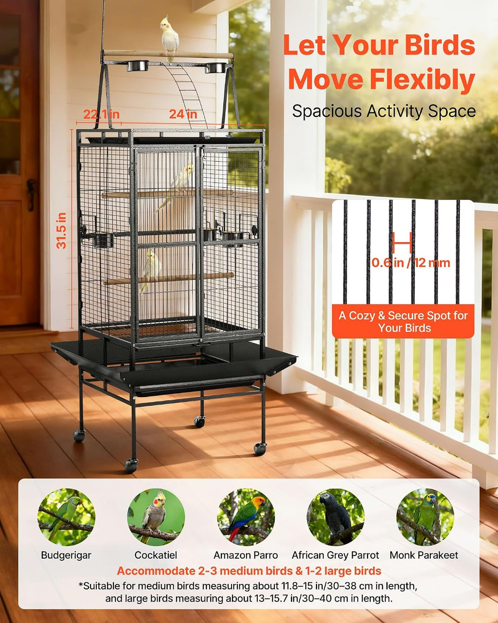 Bird Cage, 32.7 x 31.1 x 82.7 inch, Open Flat Top, Wrought Iron Bird Flight Cage with Perches, Slide-Out Tray
