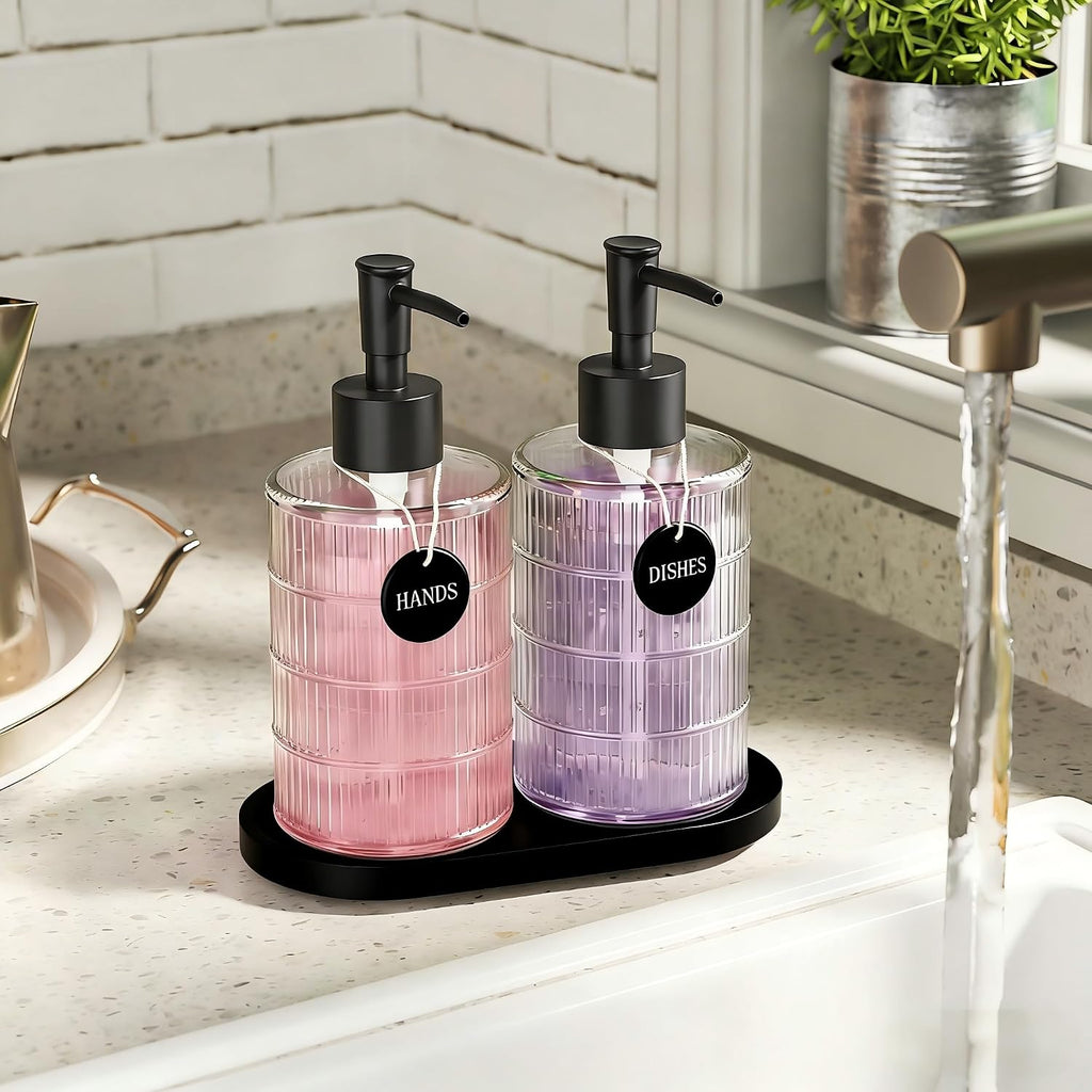 Soap Dispenser Set with Bamboo Tray, Dish and Hand Soap Lotion Dispenser Set with Wooden Pump for Kitchen and