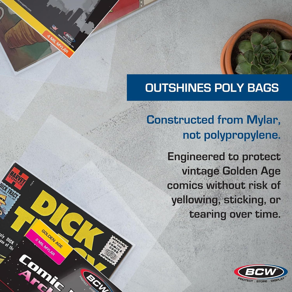Golden Comic Storage | Archival Polyester Mylar Comic Bags| 4 mil Thickness | Fits Golden Age Comics | 1-1/2" Closure