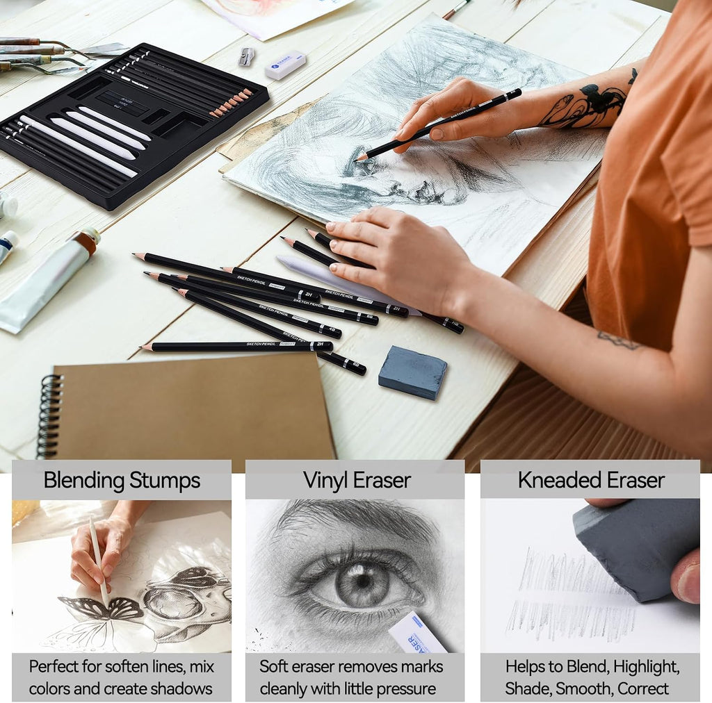 Drawing Sketching Pencil Set, 22 Piece Pro Art Pencil Kit - Graphite Pencils (12B-2H), Black and White Charcoal