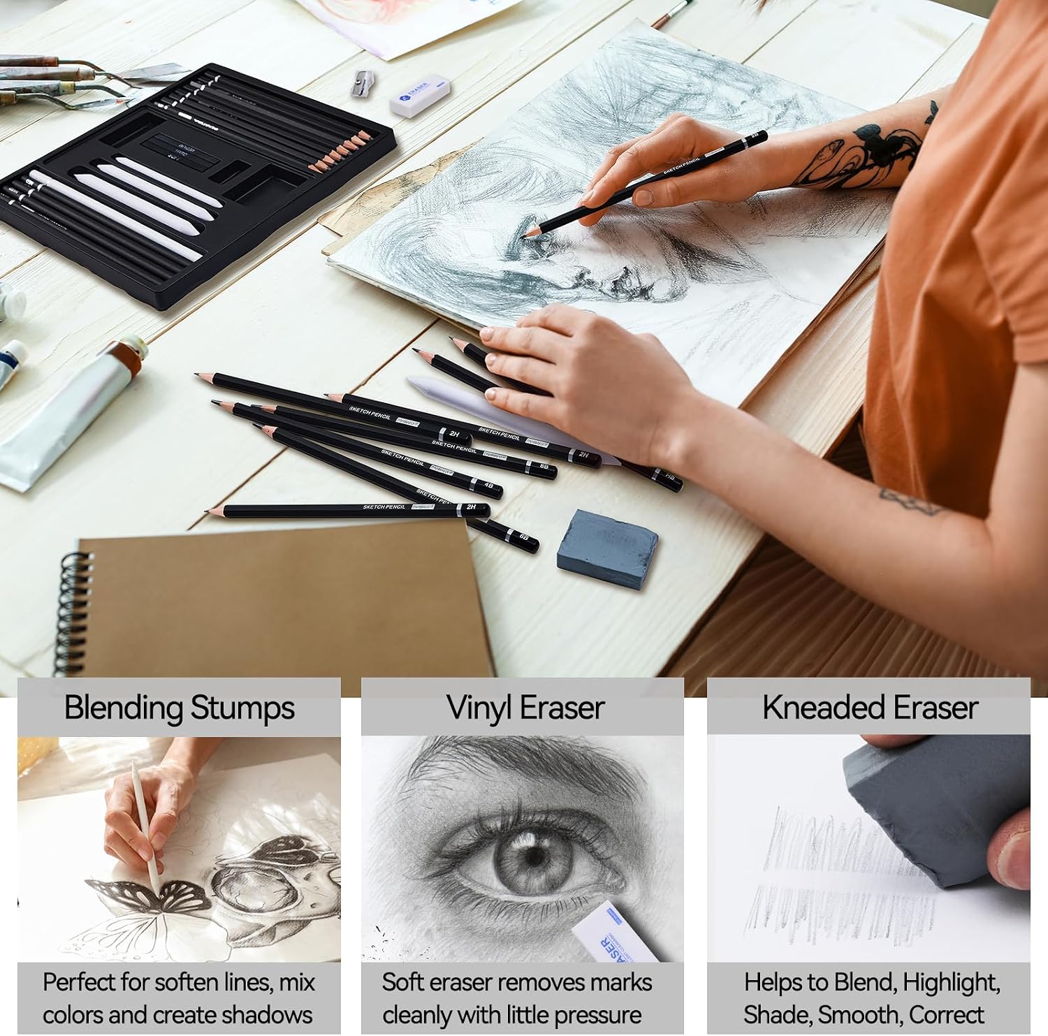 Drawing Sketching Pencil Set, 22 Piece Pro Art Pencil Kit - Graphite Pencils (12B-2H), Black and White Charcoal