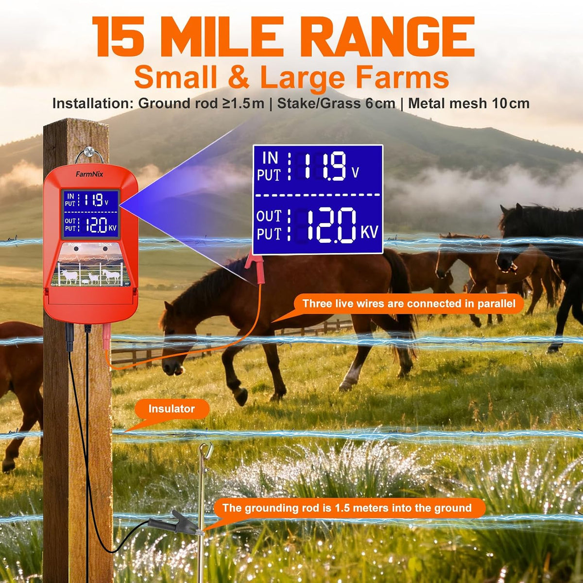 12KV Electric Fence Charger, 15 Miles 3 Joules Electric Fence Kit | Waterproof, Large LED Display, Flip Design