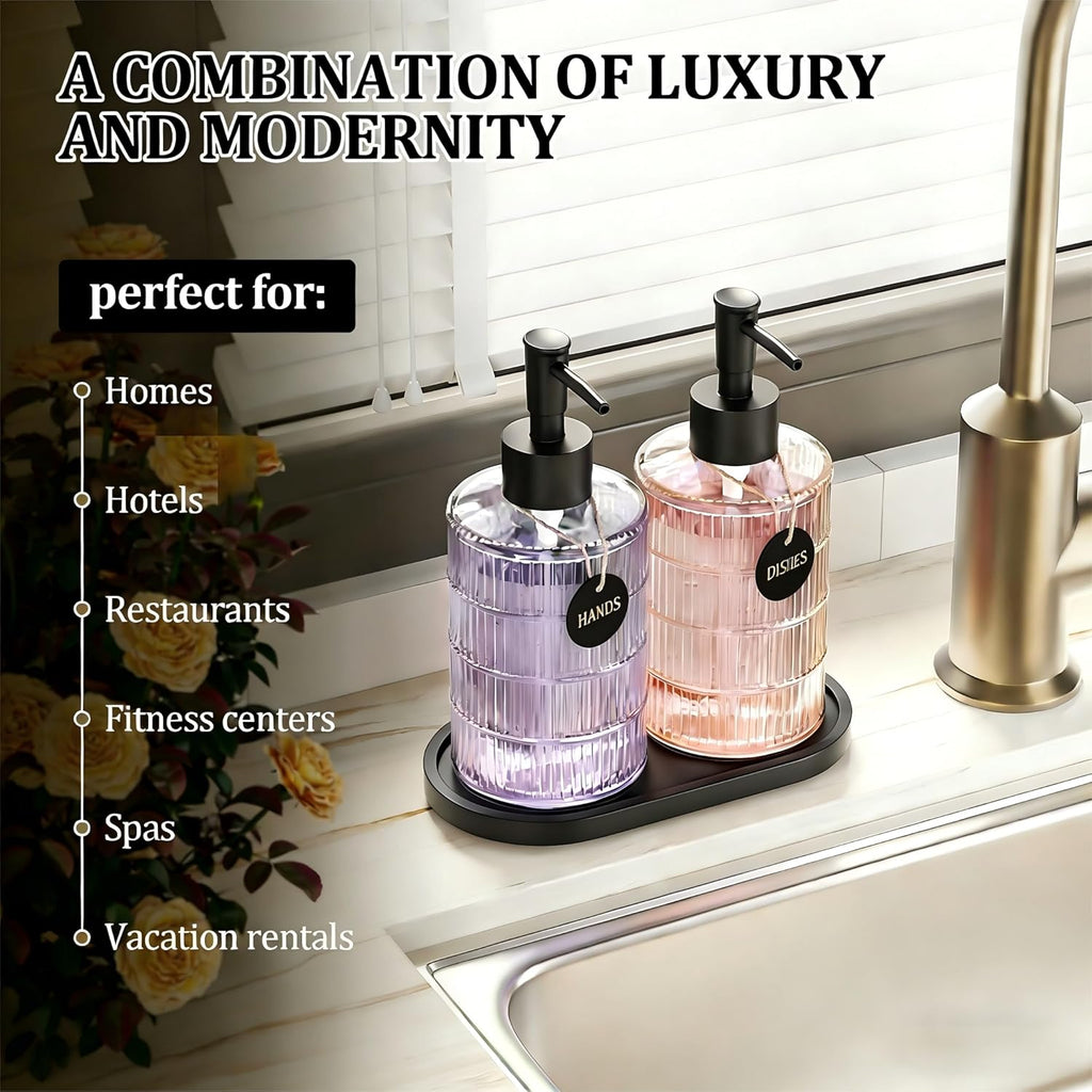 Soap Dispenser Set with Bamboo Tray, Dish and Hand Soap Lotion Dispenser Set with Wooden Pump for Kitchen and
