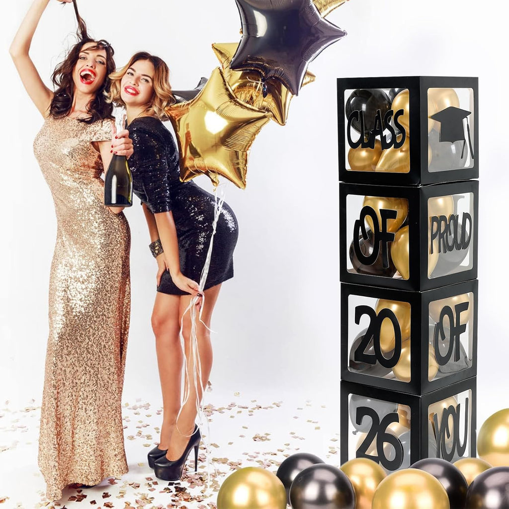 Graduation Decorations 2026,4 Pcs Transparent Balloon Boxes with Letters of GRAD,PROUD OF YOU,Class of 2026 and