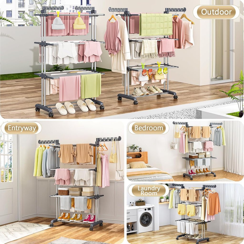 𝟖𝟎% 𝟎𝐟𝐟 Clothes Drying Rack Foldable, 4-Tier Drying Rack with Wheels | Upgraded Foldable Laundry Drying Rack, Clothes