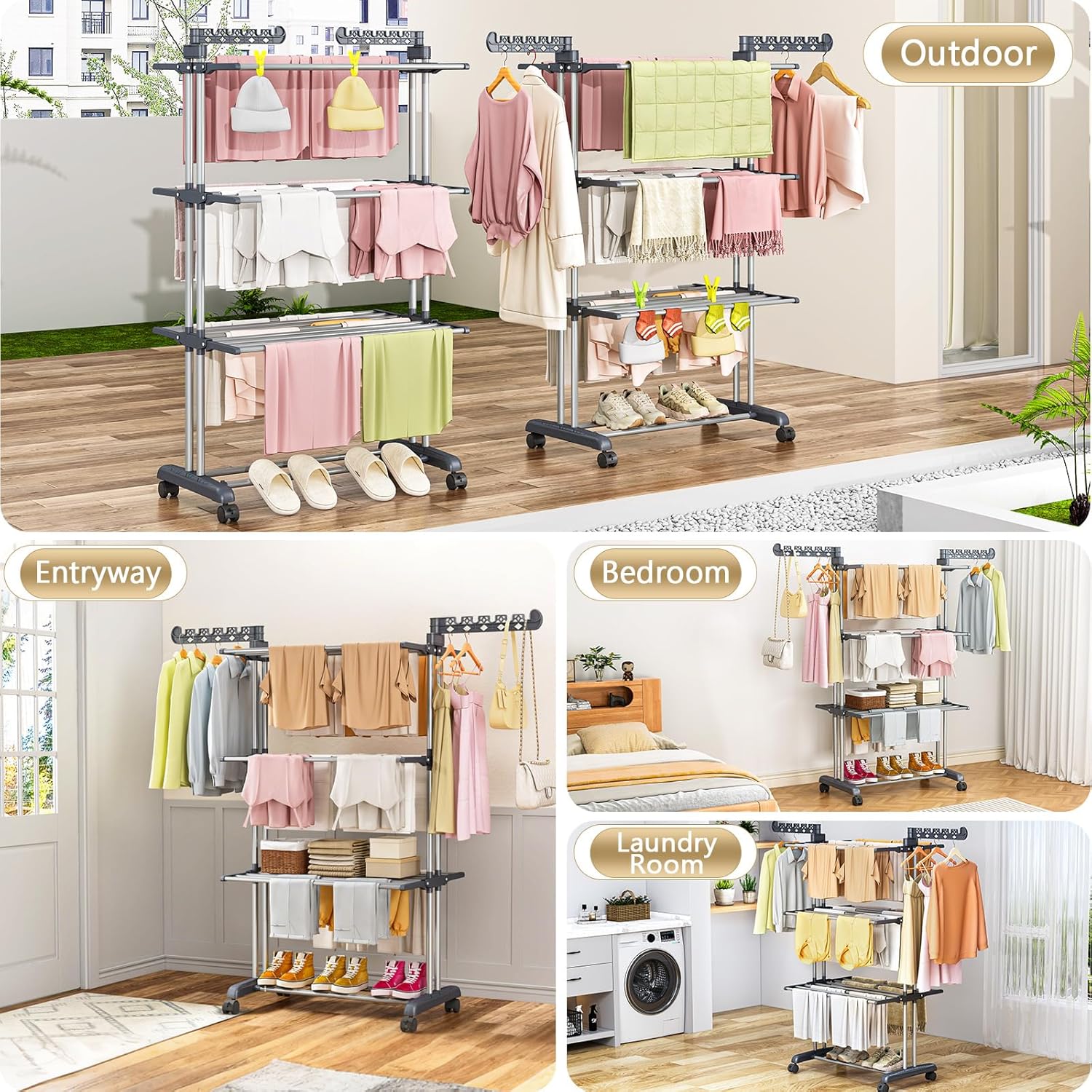 𝟖𝟎% 𝟎𝐟𝐟 Clothes Drying Rack Foldable, 4-Tier Drying Rack with Wheels | Upgraded Foldable Laundry Drying Rack, Clothes
