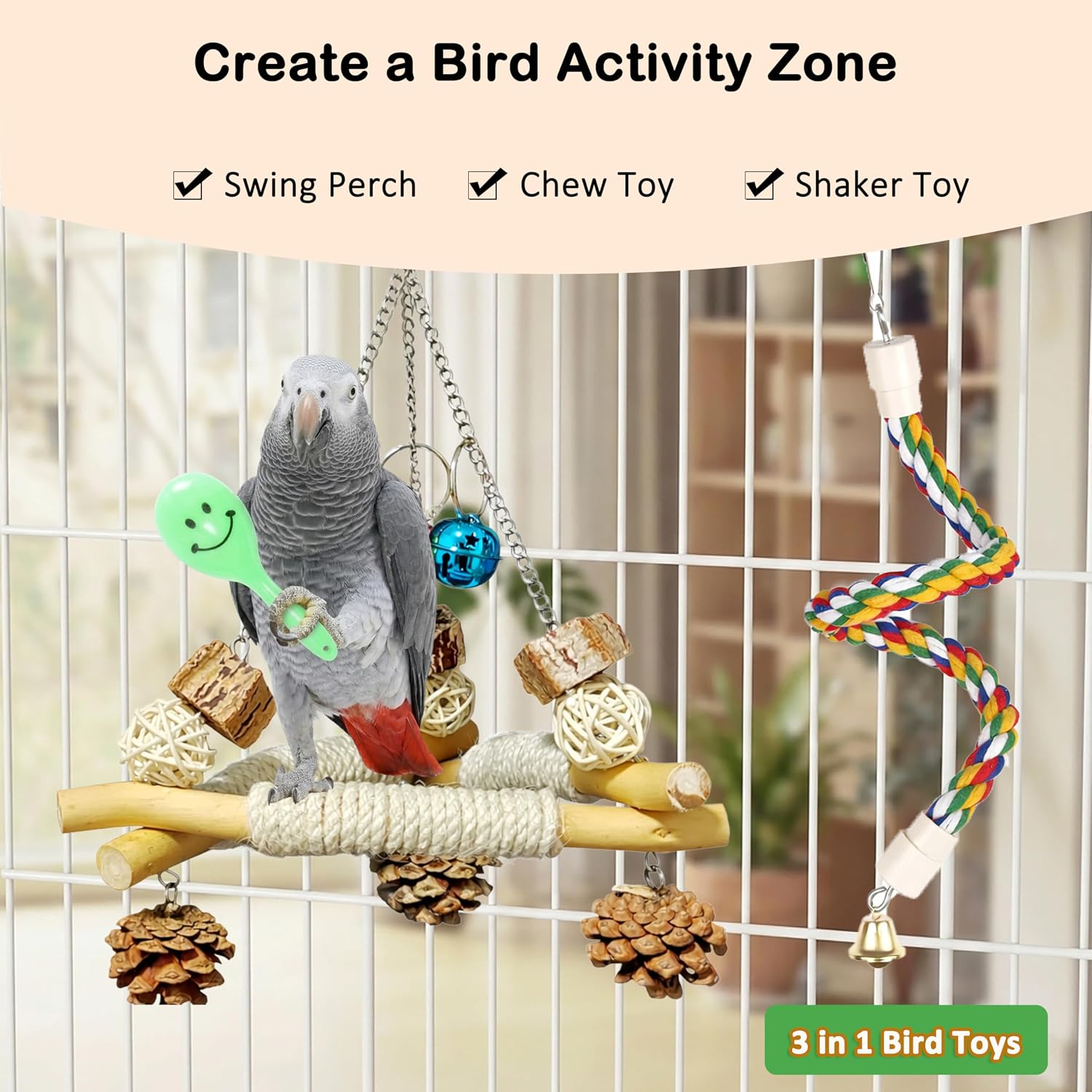 3 in 1 Bird Swing and Climbing Rope Set Triangle Wooden Perch with Bells and Natural Chew Toys Flexible Cotton Rope