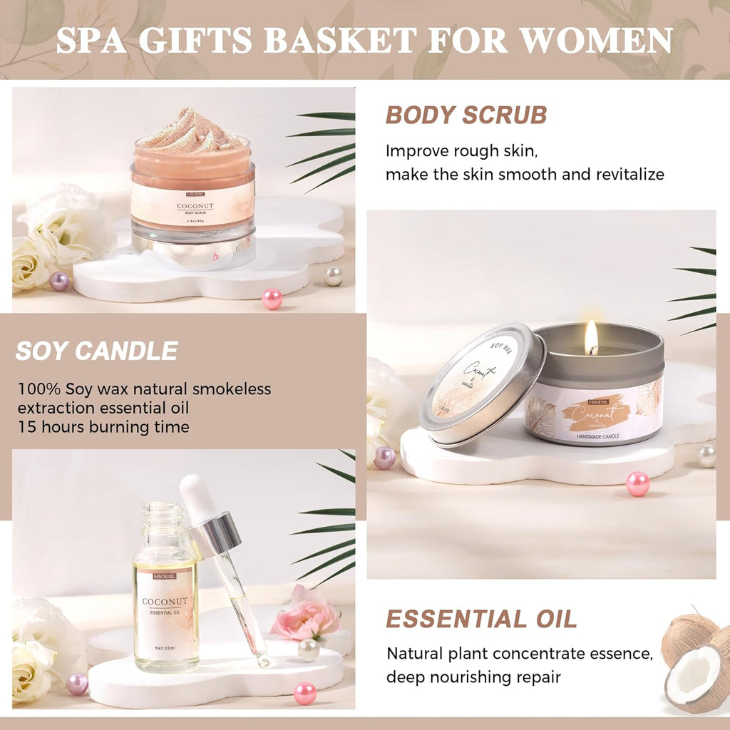 Gifts for Women Bath and Body Gift Basket Set for Women, 12 Piece Set of Coconut Home Spa Set for Self Care, Mothers