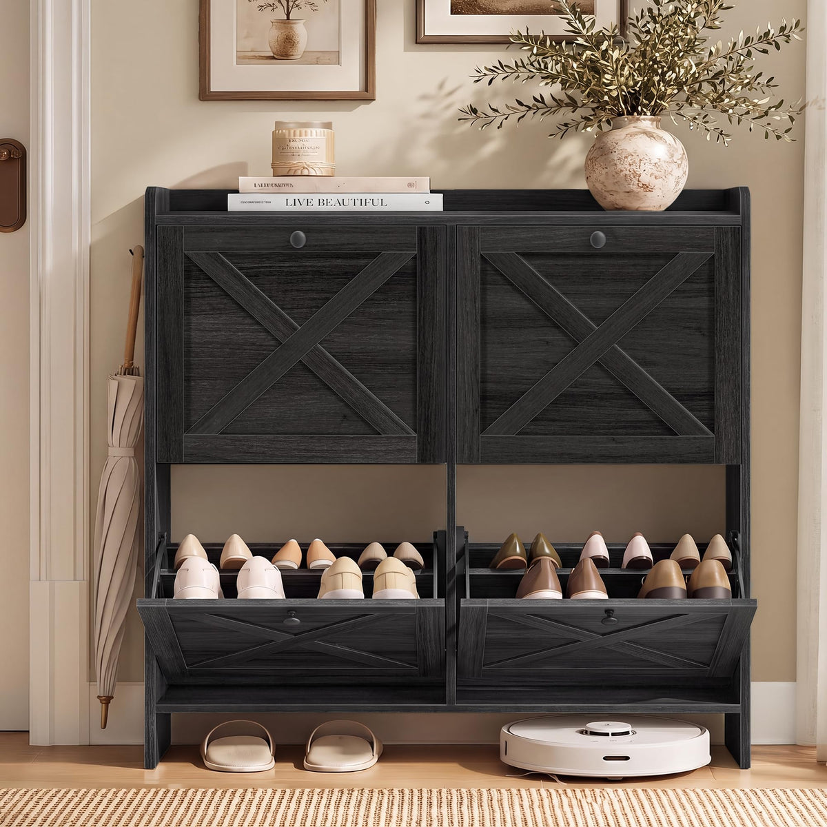 Narrow Shoe Storage Cabinet Organizer with 4 Flip Drawers