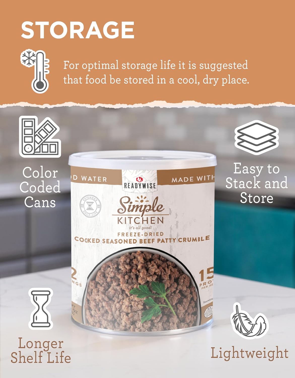 Simple Kitchen Seasoned Ground Beef Crumbles, 22 Servings – Freeze-Dried Meat for Emergency Food Supply, Long-Term