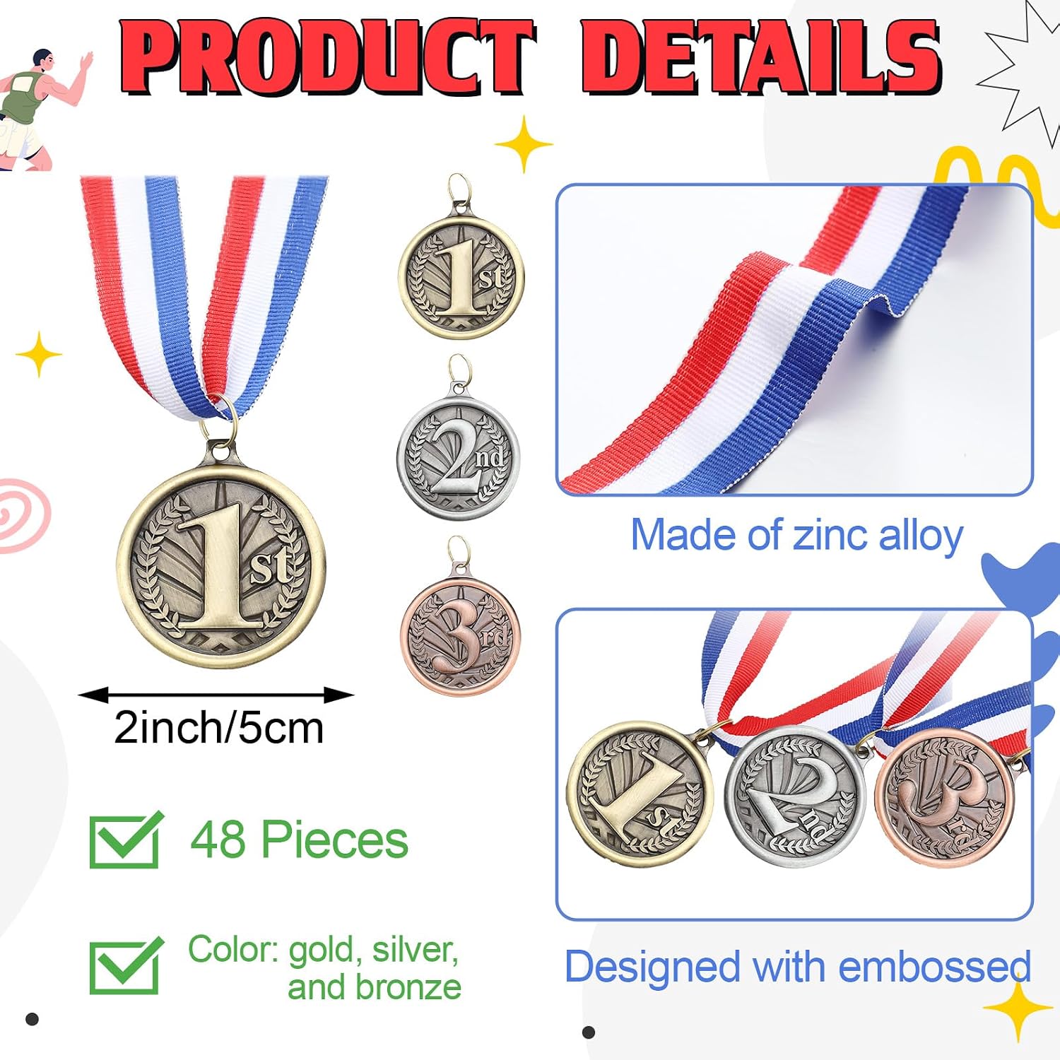 Award Medals 1st 2nd 3rd Place Medals for Awards Winner Medal Gold Silver Bronze Medal with Neck Ribbon Trophy Award