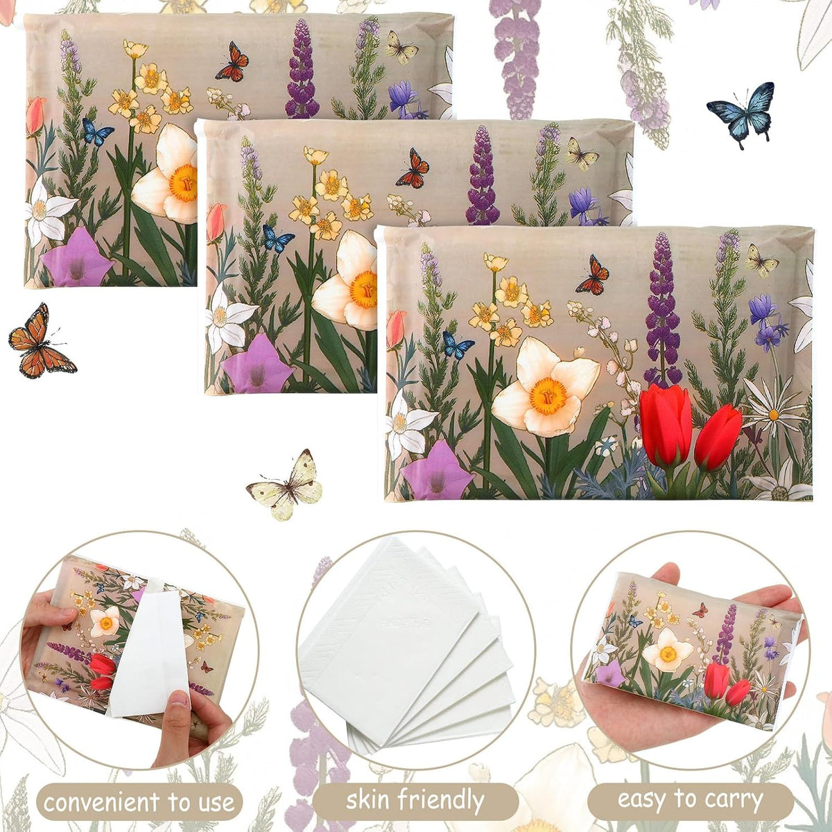 100 Pack Travel Tissues Pocket Size, 3 Ply, Retro Flower