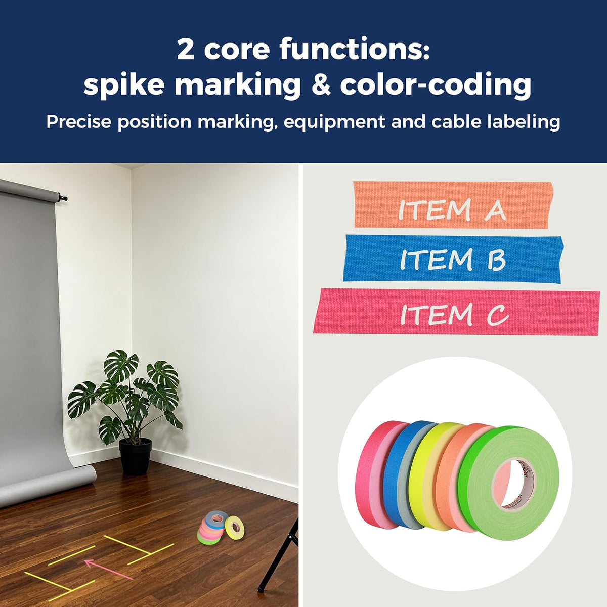 Spike Tape - 1/2 Inch x 20 Yards Neon Gaffer Tape, 5 Bright Colors, Highly Visible, Strong Adhesive, Residue-Free