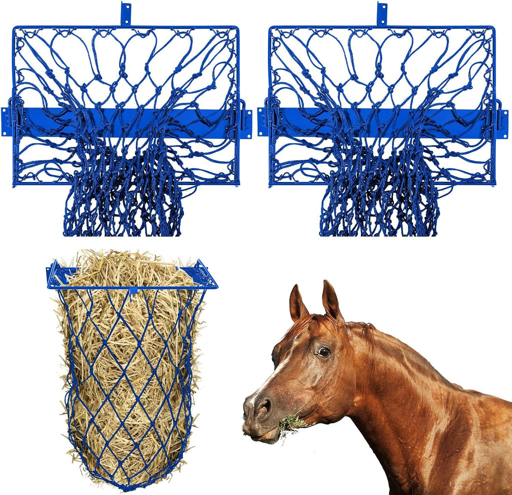 2 Set Wall Mount Hay Feeder for Horse Goats Hay Rack with Net, Blue