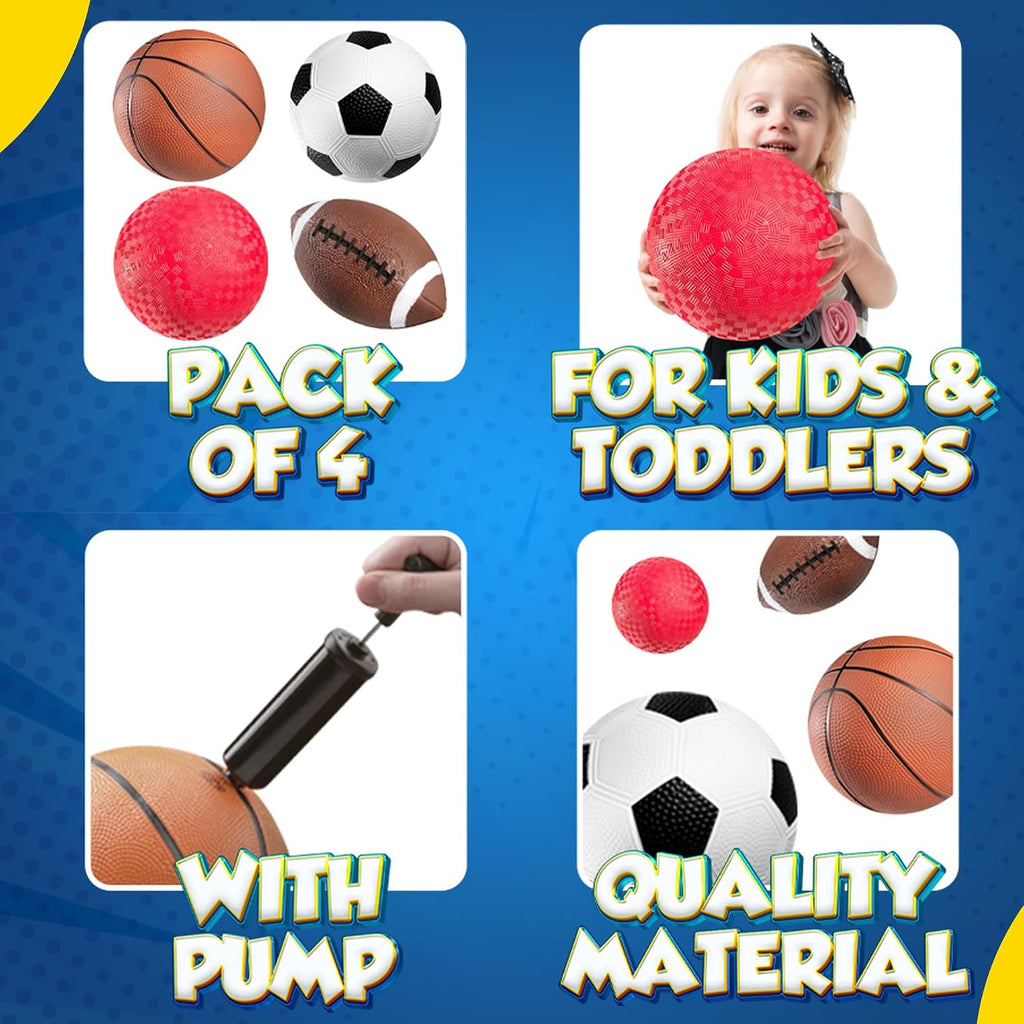 Sports Balls for Kids & Toddlers - (Pack of 4) 5-inch Sports Set Includes Football, Small Size Soccer, Basketball