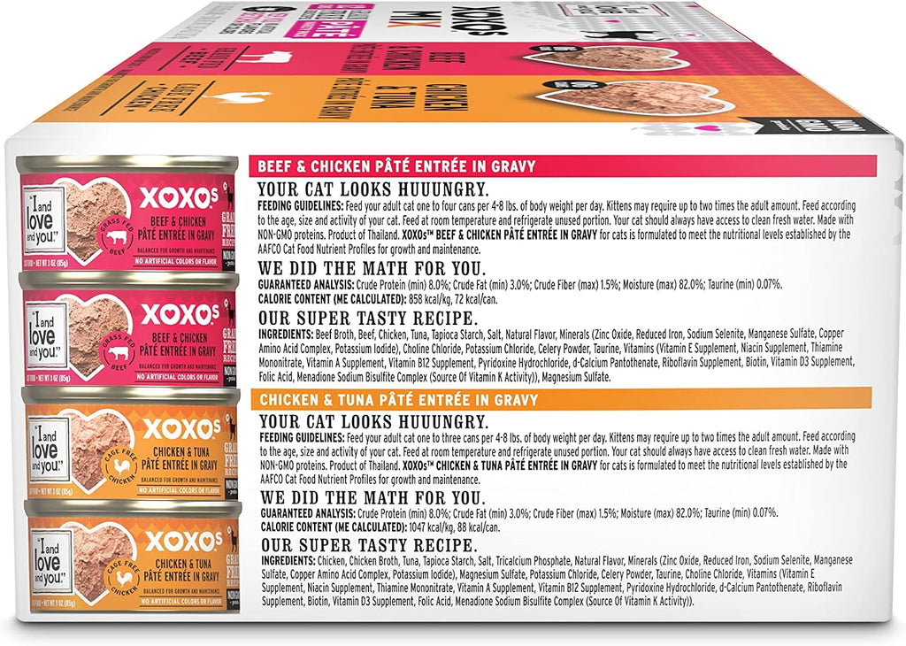 XOXOs Wet Cat Food - Chicken + Beef Pâté Variety Pack - Grain Free, Filler Free, 3oz Pack of 12 Cans