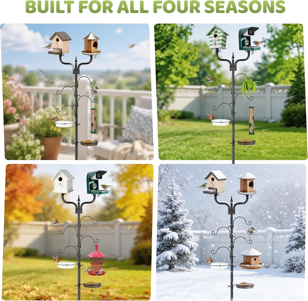 Upgraded Bird House Pole Heavy Duty Bird Feeder Pole Thickened Pole with 4 Hooks,Wind-Resistant Water Bowl,Mesh