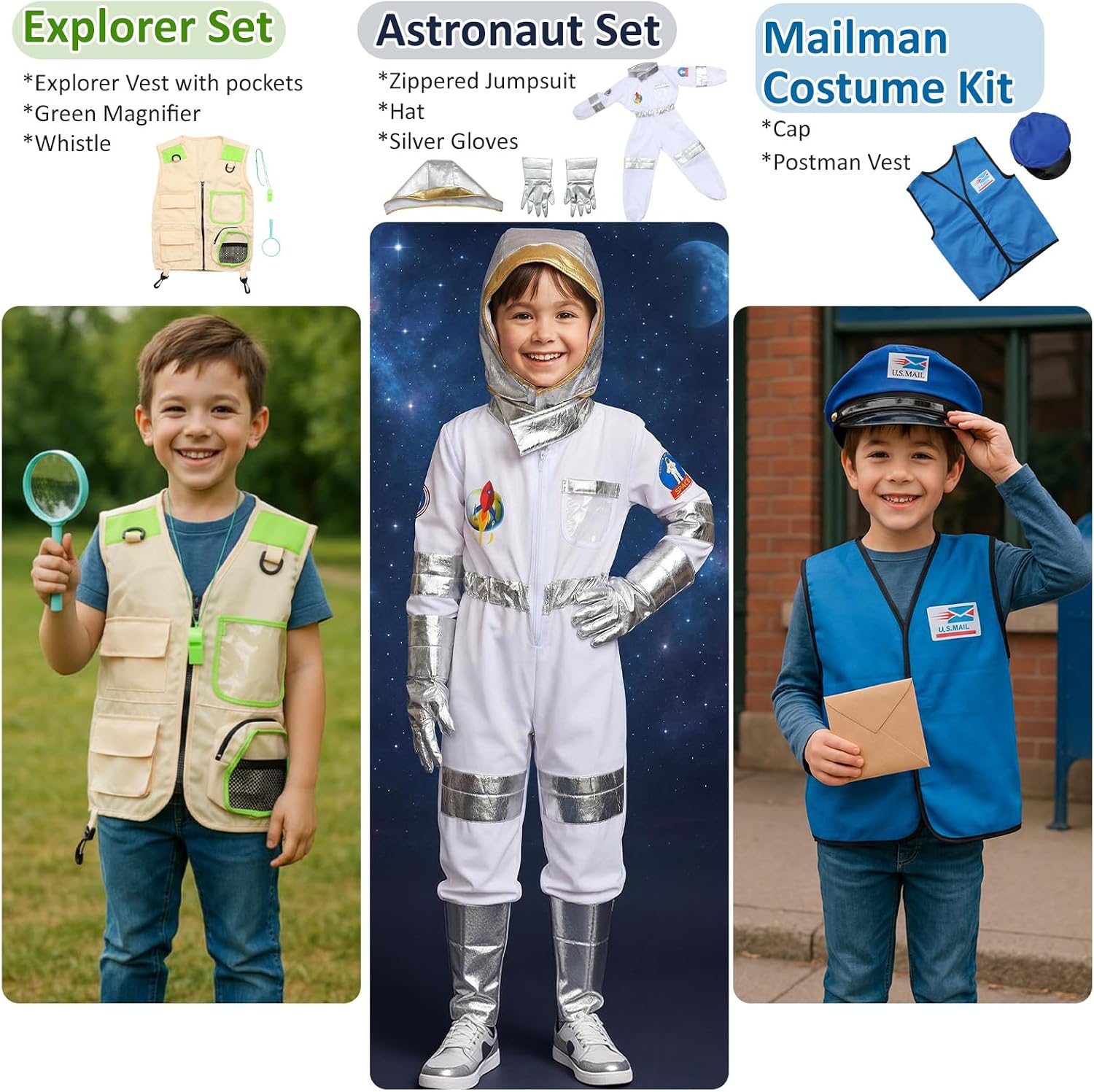 15 Sets Toddler Dress up Clothes Kids Role-Play Costumes Police Firefighter Doctor Nurse Astronaut Barista Director