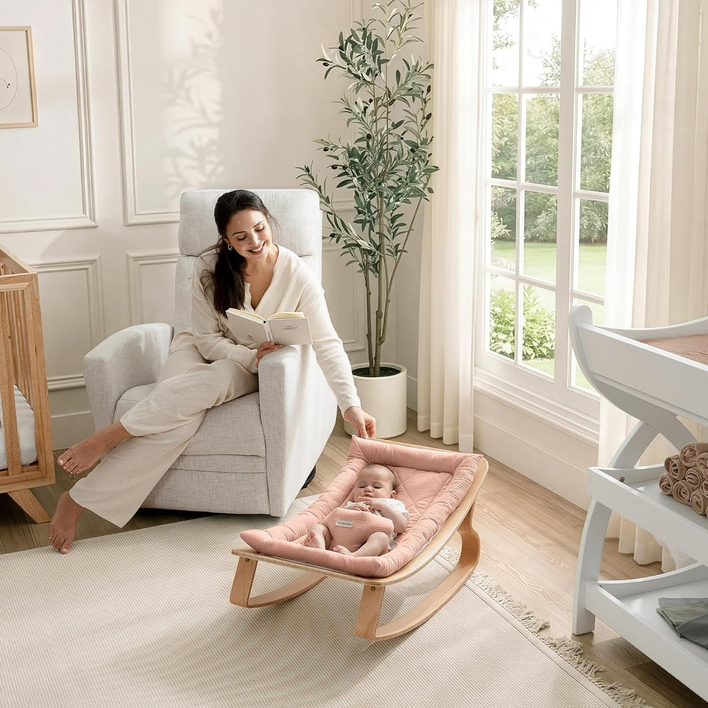 Baby Rocker for Ages 0-24 Months - Wooden Baby Recliner with Soft Removable Quilted Muslin Cotton Cushion - Designed