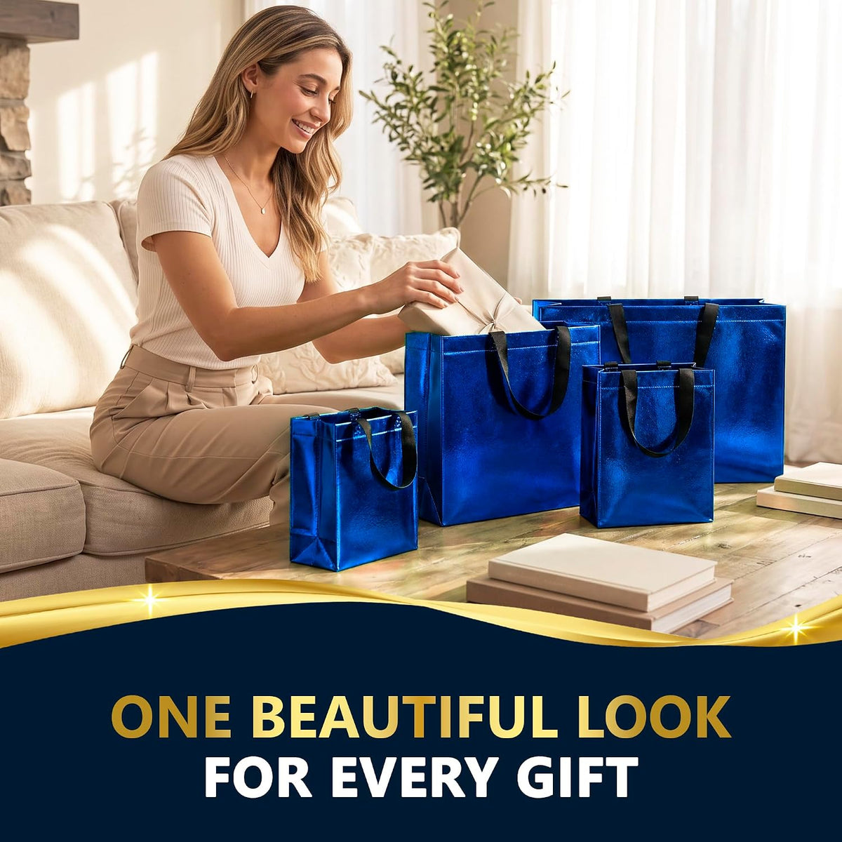 12 Reusable Blue Gift Bags with Handles, 4 Assorted Sizes