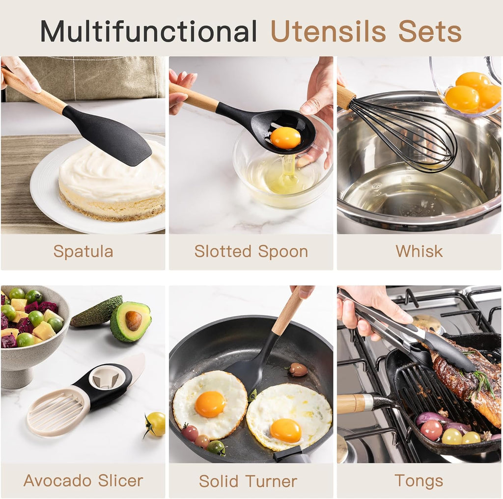 39 PCS Kitchen Utensils Set, Silicone Cooking Utensil Sets with Wooden Handle, 446°F Heat Resistant Food Grade
