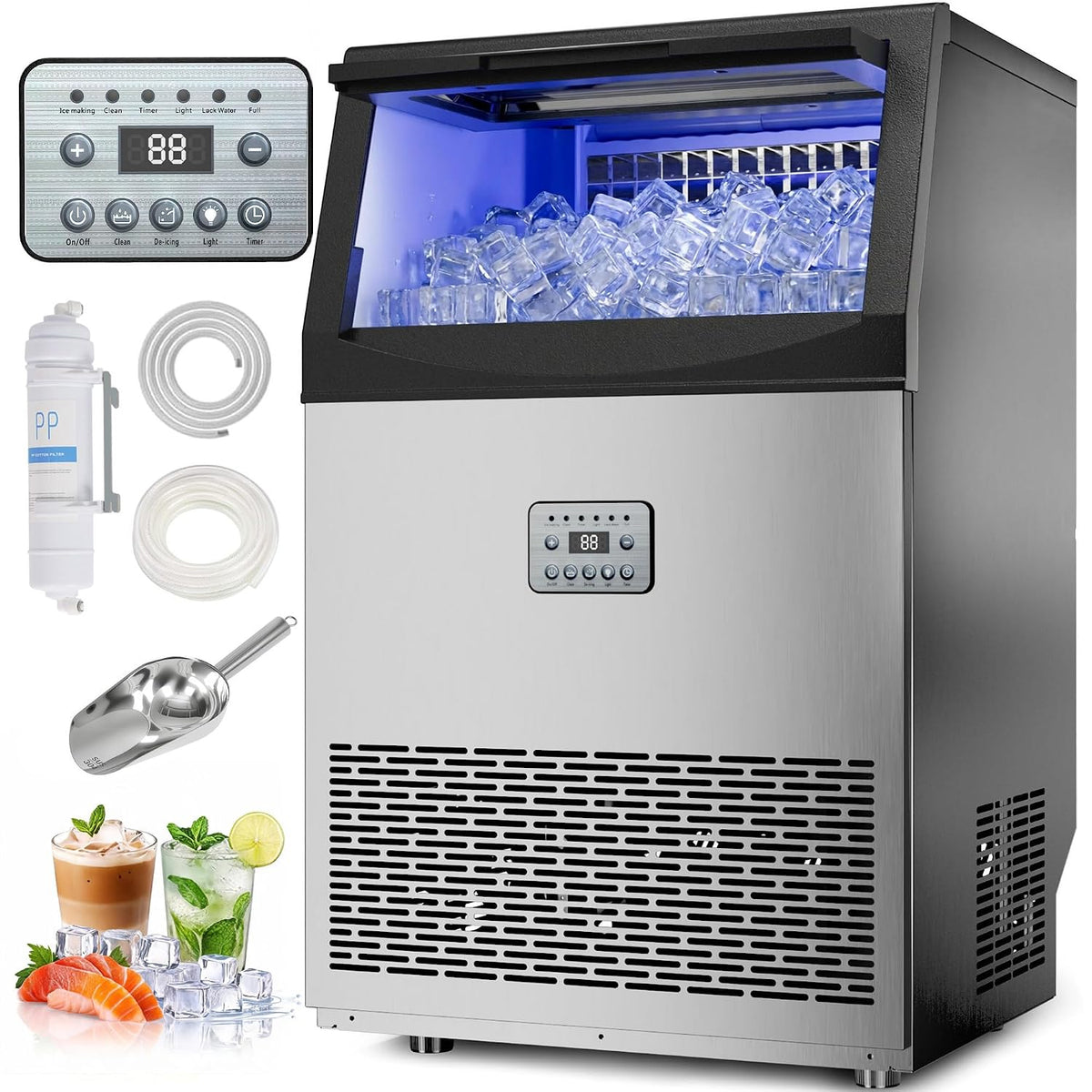 Commercial Ice Maker Machine, 240Lbs/24H Stainless Steel Ice Maker, Under Counter Ice Maker with 55Lbs Storage, 96