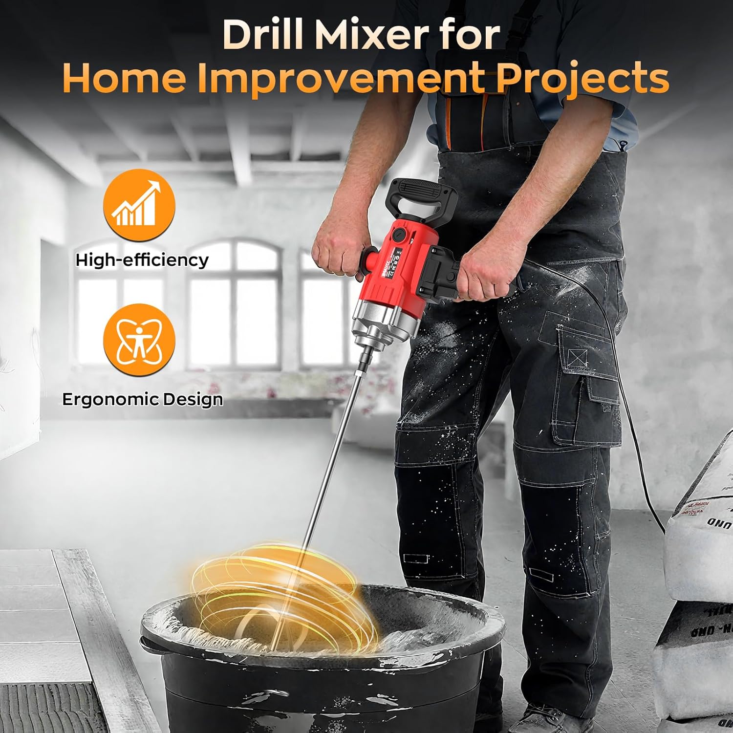 Concrete Mixer 2500W 15A, Cement Mixer With Variable Speed Control, 5/8" Heavy Duty Drill Set, Drill Mixer for