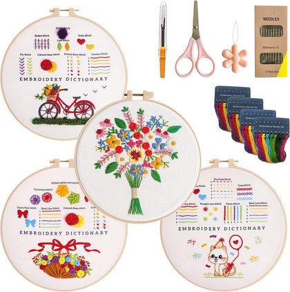 4 Pack Embroidery Kit for Beginners Adults, Hand Embroidery Kits with Pre-Stamped Floral Patterns and Instructions