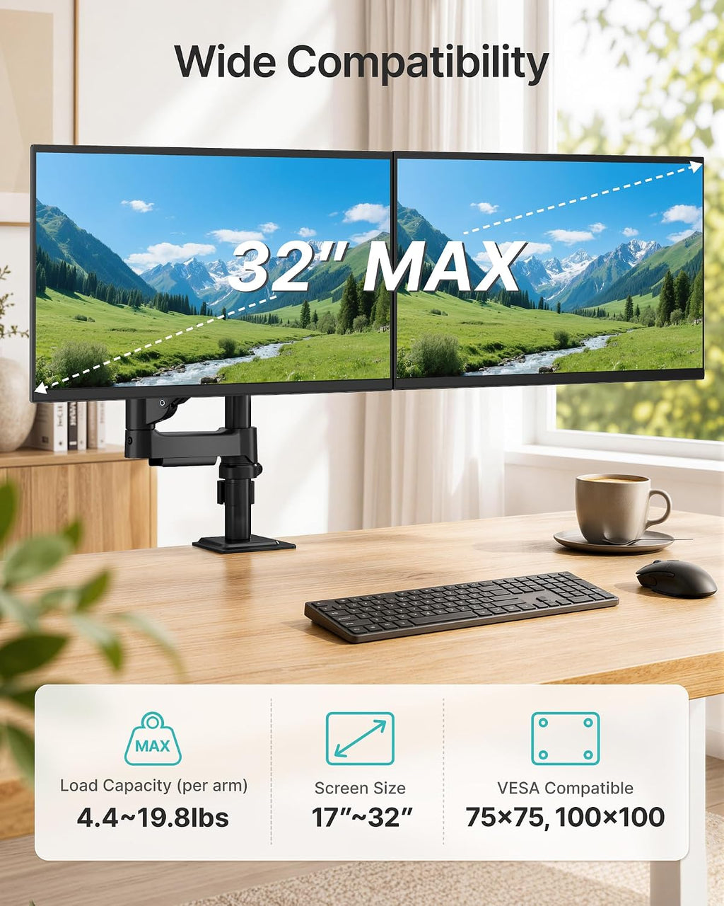 Dual Monitor Stand for 17-32 Inch Screens, Gas Spring Arms | Full Motion Mount with Cable Management, Support up to