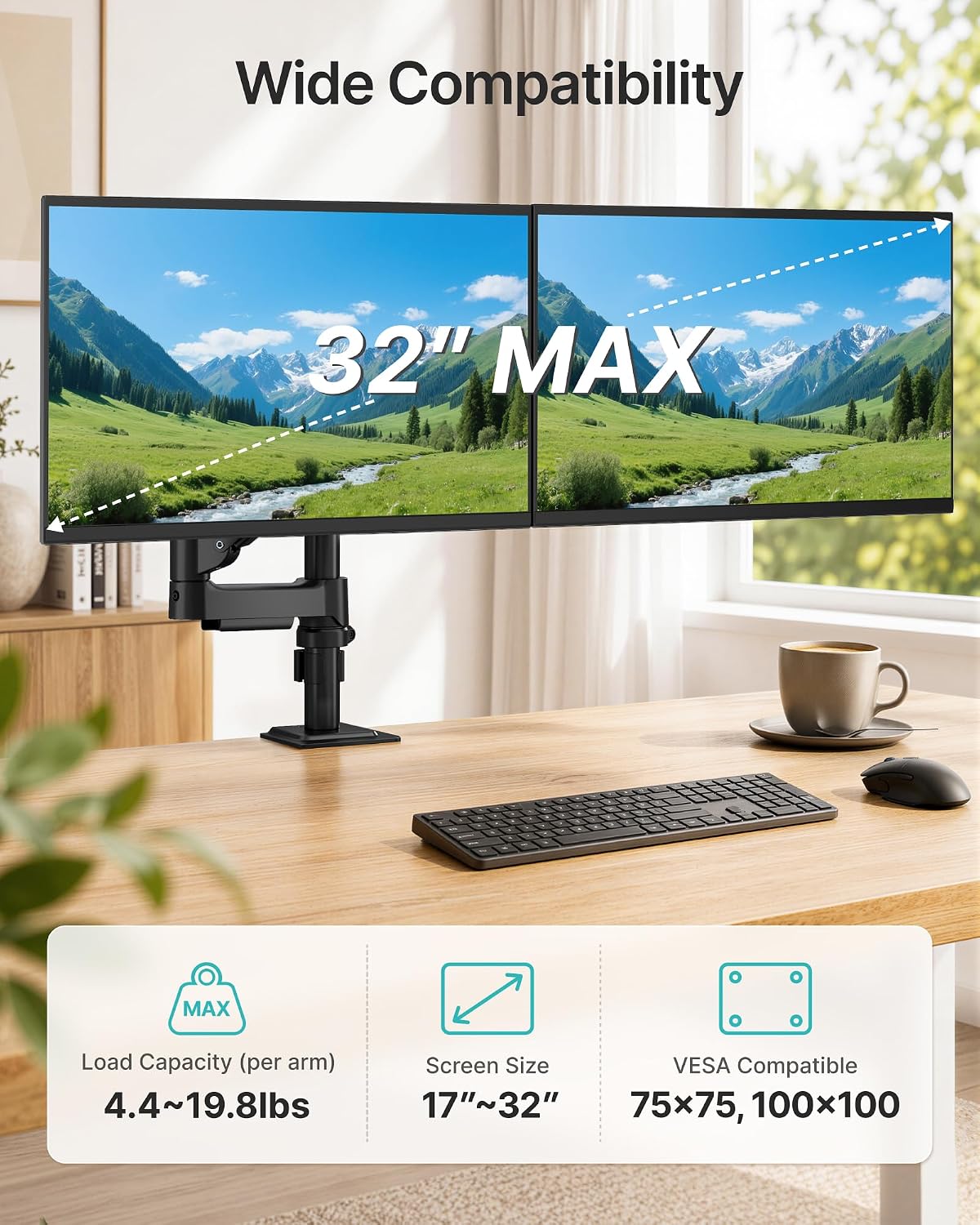 Dual Monitor Stand for 17-32 Inch Screens, Gas Spring Arms | Full Motion Mount with Cable Management, Support up to
