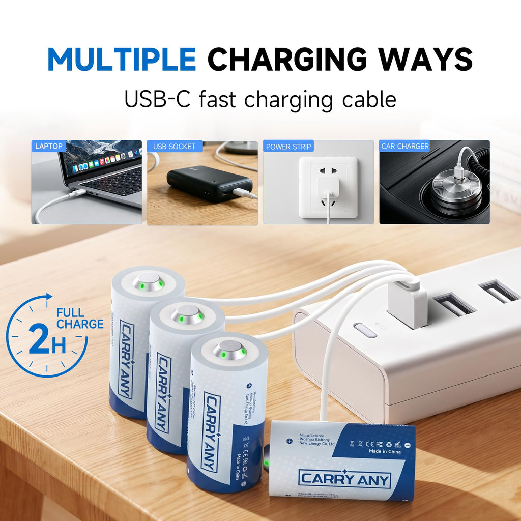 8 Pack 5000mWh Rechargeable Lithium C Batteries, with USB-C Cable