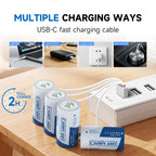 8 Pack 5000mWh Rechargeable Lithium C Batteries, with USB-C Cable