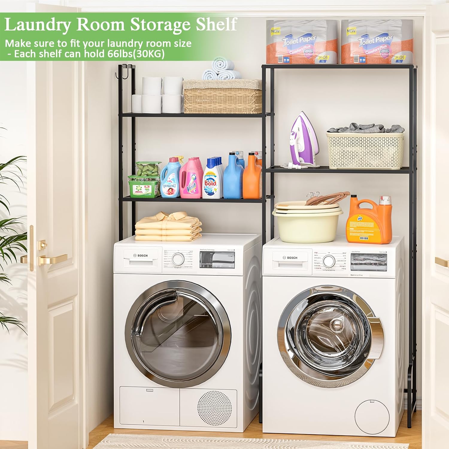 Over the Washer and Dryer Storage Shelf, 4-Tier Laundry Room Organizer with Adjustable Shelves & Leveling Feet, Heavy