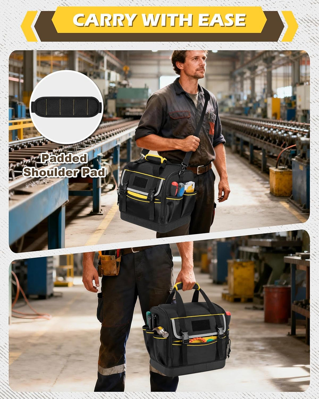 12-Inch Tool Bag with Hard Bottom, Electrician Tool Box Organizer with Detachable Divider, Multi-Purpose Work Tote