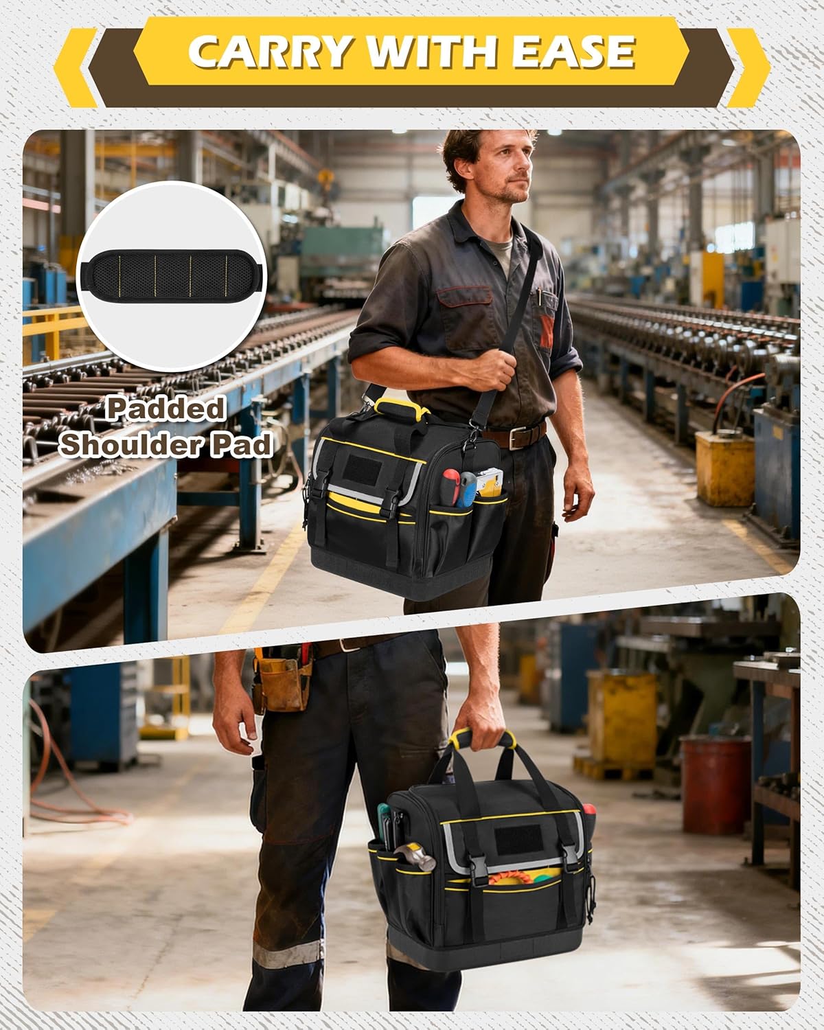 12-Inch Tool Bag with Hard Bottom, Electrician Tool Box Organizer with Detachable Divider, Multi-Purpose Work Tote