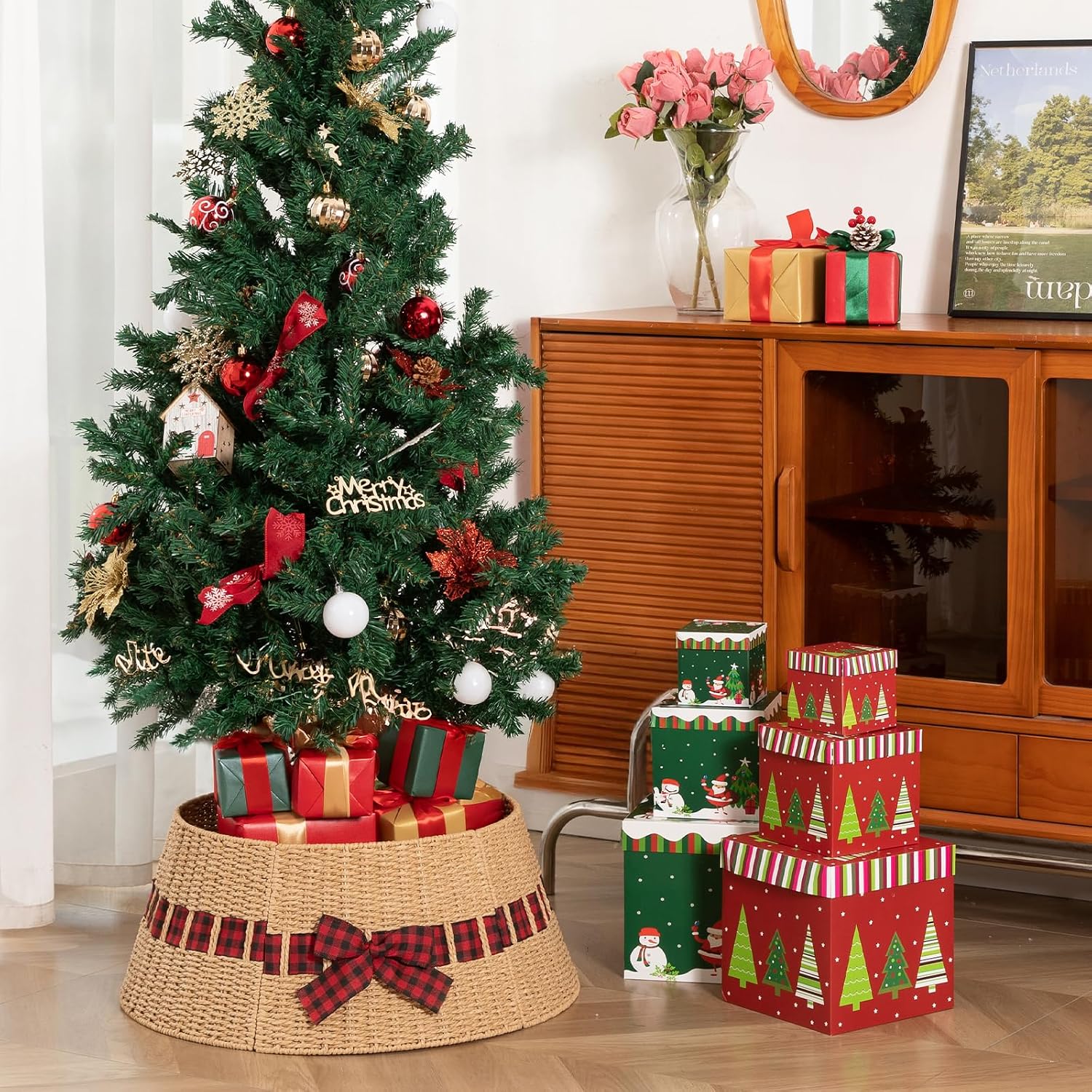 Christmas Tree Collar, Wicker Holiday Tree Skirt & Stand Base Cover,Paper Rope Christmas Decor with a Bow Tie