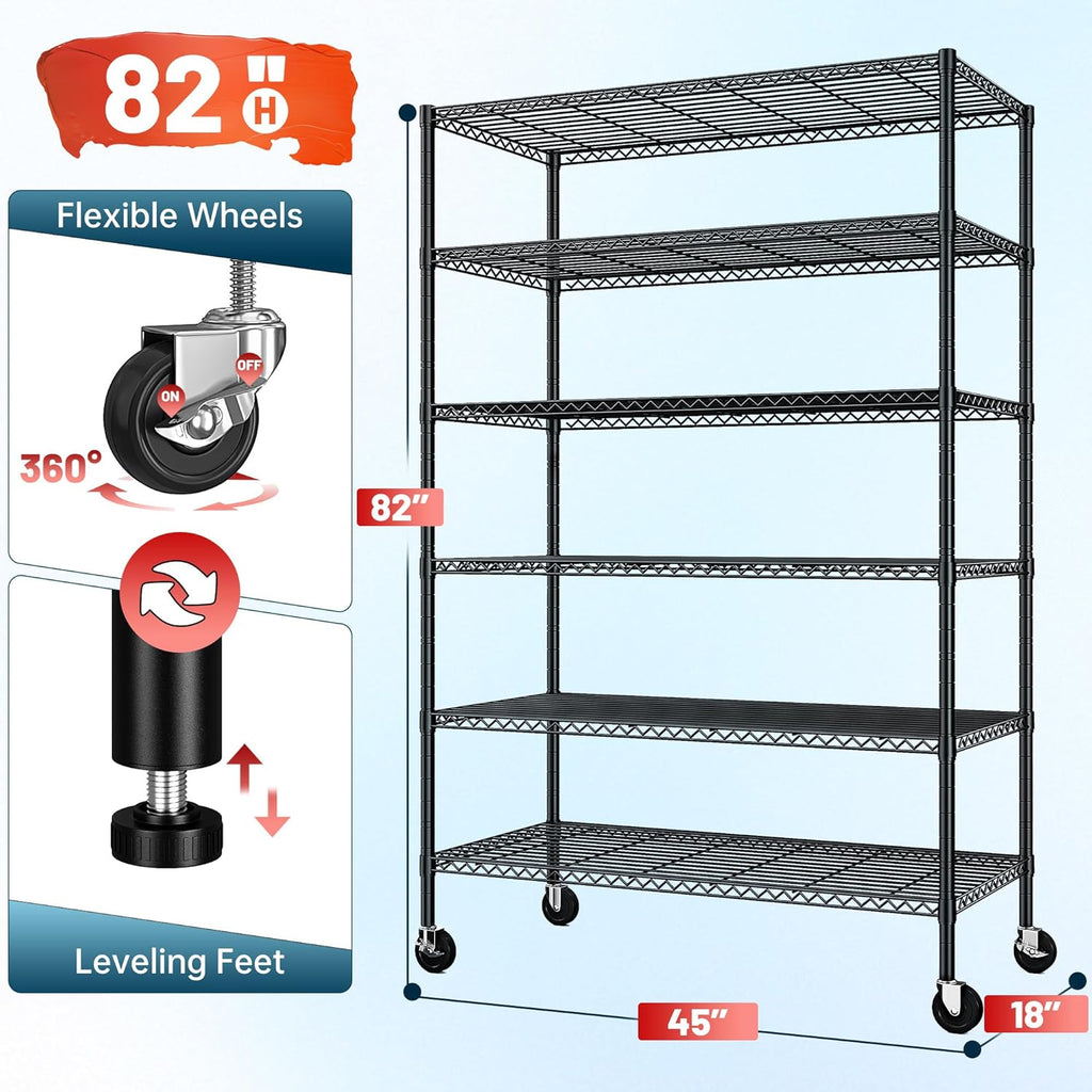 6-Tier Rolling Storage Shelves, 82" H x 45" W x 18" D Adjustable Wire Shelving Unit with Locking Wheels, Heavy-Duty