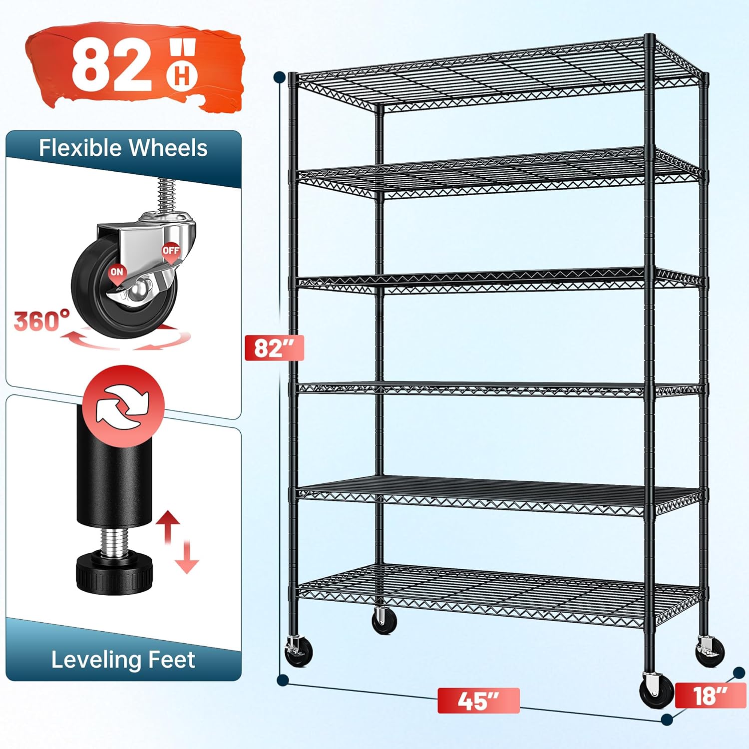 6-Tier Rolling Storage Shelves, 82" H x 45" W x 18" D Adjustable Wire Shelving Unit with Locking Wheels, Heavy-Duty