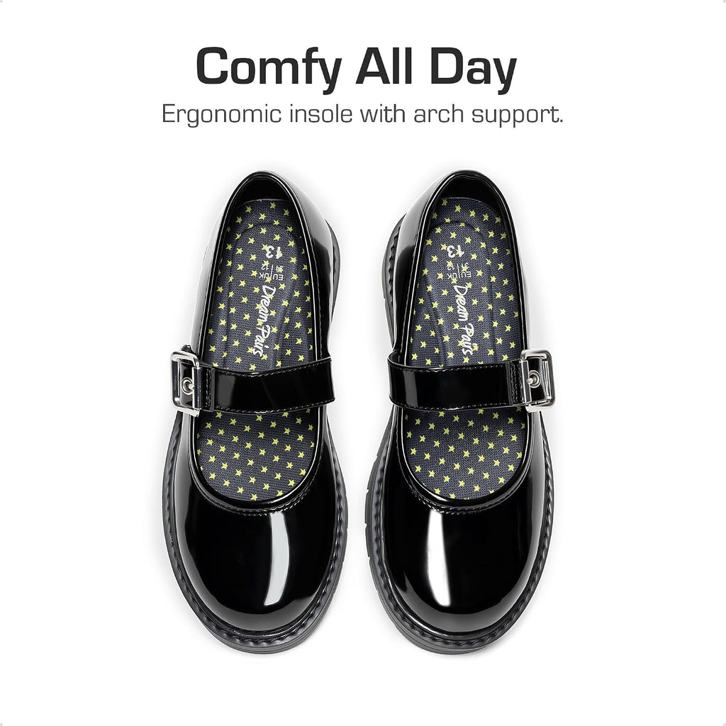 Girls Mary Jane School Uniform Shoes | Platform Hook and Loop with Arch Support Insole Roomy Round Toe Chunky Oxford