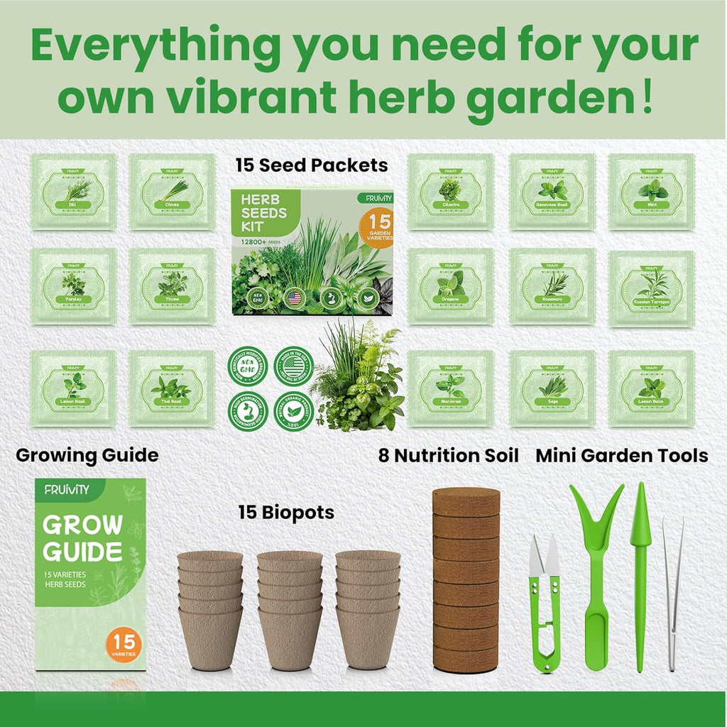 Herb Garden Starter Kit – Fruivity 12800+ 15 in 1 Herb Heirloom Seed Kits for Indoor/Outdoor Planting | Herb Indoor