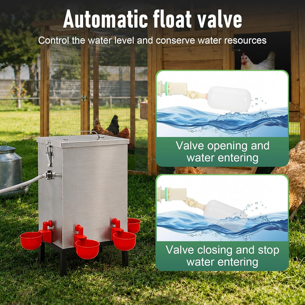 Automatic Chicken Waterer 3 Gallon, 304 Stainless Steel Poultry Waterer with Float Valve, No-Spill Metal Chicken