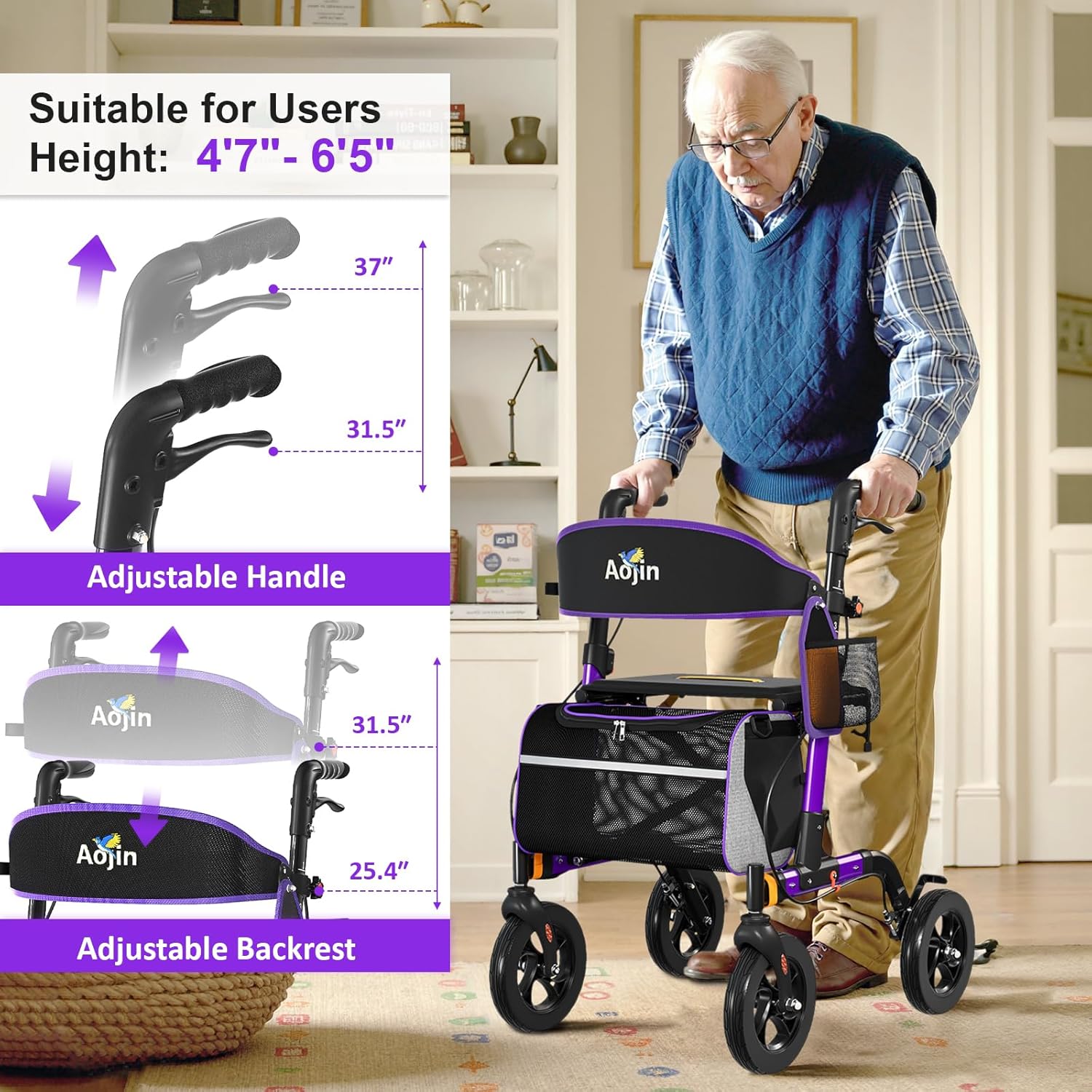 Walkers for Seniors, Rollator Walker with Seat, 350 lb Weight Capacity, 18" Big Seat, 8" All-Terrain Wheels, 6-Level
