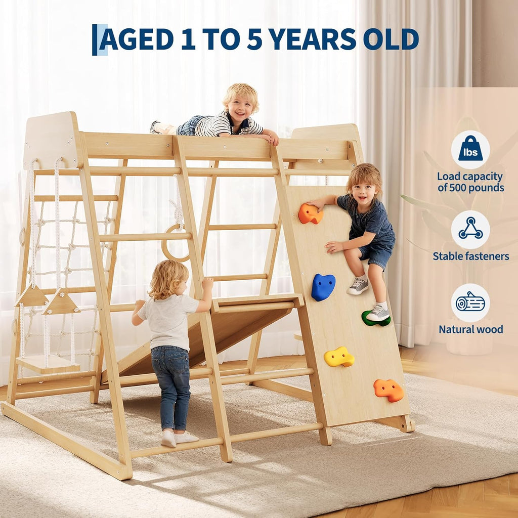 8-in-1 Indoor Playground Jungle Gym Kids Climbing Toys, Wooden Climber Playset with Slide, Swing, Monkey Bars & Climb
