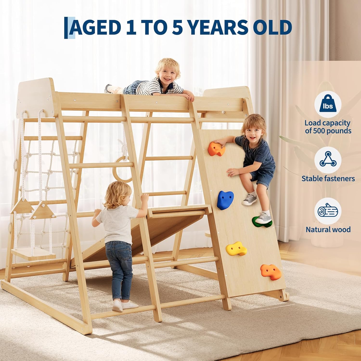8-in-1 Indoor Playground Jungle Gym Kids Climbing Toys, Wooden Climber Playset with Slide, Swing, Monkey Bars & Climb