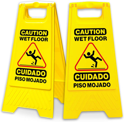 Caution Wet Floor Sign, 24 Inch Folding A Frame, Bilingual, 2 Pack | Bright Yellow Double Sided Warning Sign for