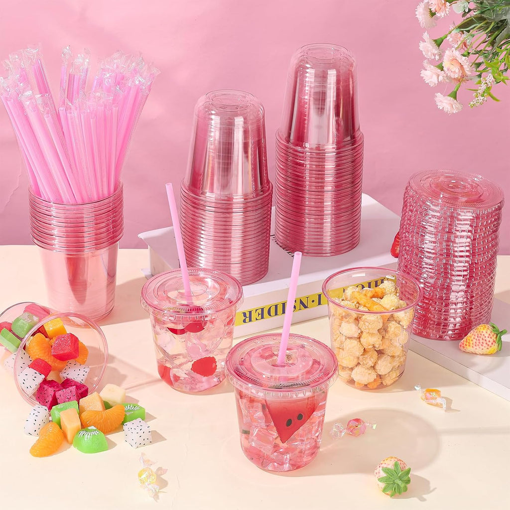 50 Pack 12 oz Pink Plastic Party Cups with Lids and Straws